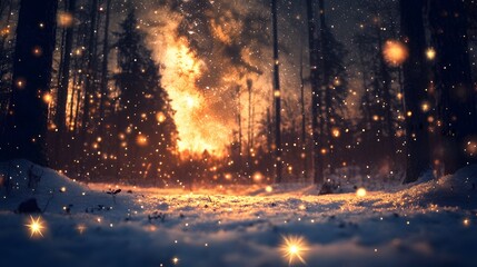 Sparkling Snowy Forest Scene at Twilight with Glowing Lights and Snowflakes Creating a Magical Winter Wonderland Atmosphere in Nature's Serenity
