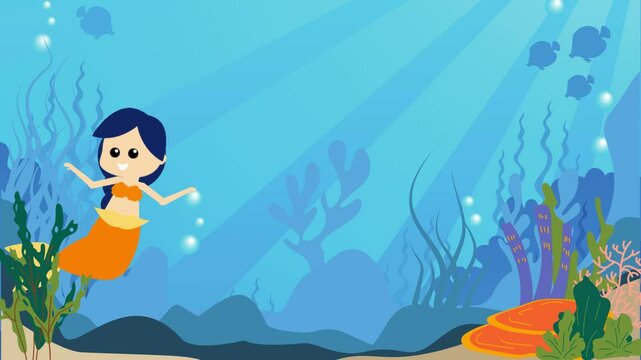 Underwater mermaid and fish with Colorful Corals reef cartoon animated background	
