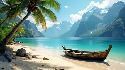 A boat on the beach  with coconut palm Tree, beautiful nature view landscape wallpaper background.