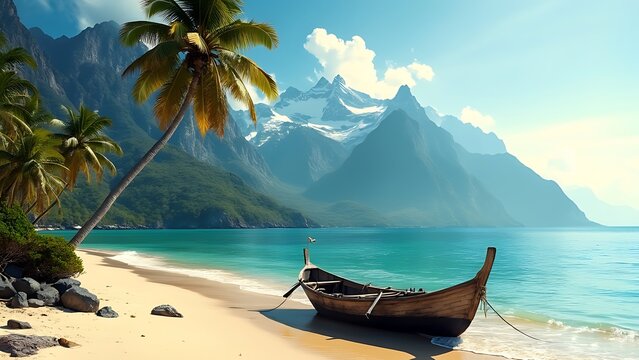 A boat on the beach  with coconut palm Tree, beautiful nature view landscape wallpaper background.