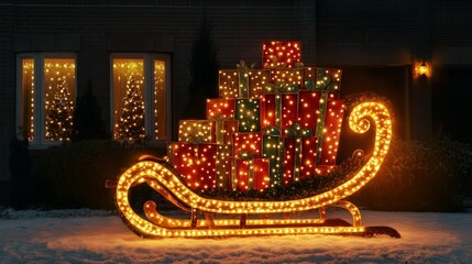 A large, glowing Christmas sleigh decoration in a front yard, with twinkling LED lights along the sleigh's frame and illuminated presents stacked high behind it