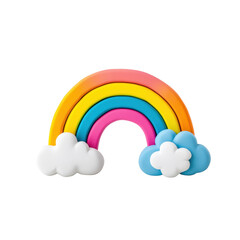 Colorful rainbow made of soft material with fluffy clouds
