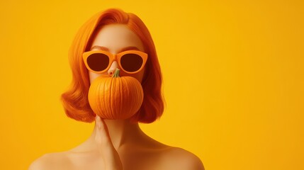 Vibrant portrait of woman with orange hair and bold sunglasses, playfully holding pumpkin. set against cheerful yellow background, it captures autumnal fun, ideal for seasonal marketing.