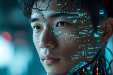A man with a face made of computer code