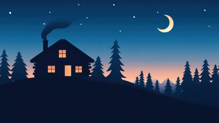 Fototapeta premium Cozy cabin on hill, surrounded by towering pines, glows softly in the night. crescent moon and stars illuminate the tranquil sky, evoking warmth and solitude.