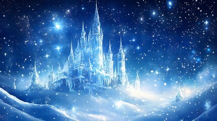 Enchanted Frozen Castle in a Winter Wonderland Surrounded by Sparkling Snowflakes and a Mystical Blue Night Sky, Evoking a Sense of Magical Fantasy and Adventure