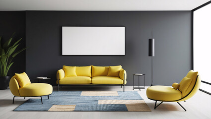 blank frame mockup in a dark interior room with bright yellow furniture, creating a striking contrast between the frame and vibrant decor, perfect for showcasing artwork or promotional content