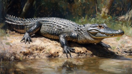 Obraz premium Majestic Alligator Basking in Sunlight by a Tranquil Riverbank in Natural Habitat