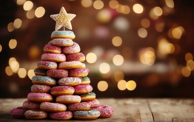 Obraz premium Donut Christmas Tree: A tree made entirely of colorful donuts stacked in layers, topped with a star-shaped cookie 