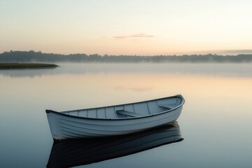 Naklejka premium Serene Dawn Reflection: A Still Boat on Tranquil Water