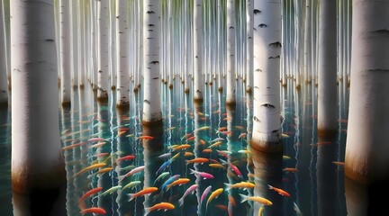 Obraz premium Serene Birch Forest with Colorful Koi Fish in Water
