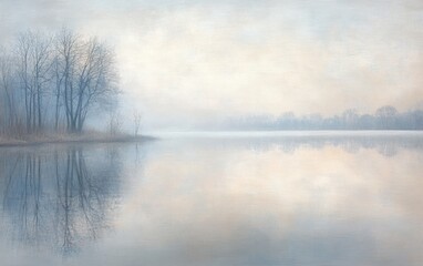 Fototapeta premium Foggy Morning Lake: A tranquil scene of a misty lake at dawn, with light fog hovering over the water and the reflection of trees and soft morning light --