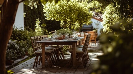 Naklejka premium Wooden Table and Chairs Set for a Meal in a Green Garden
