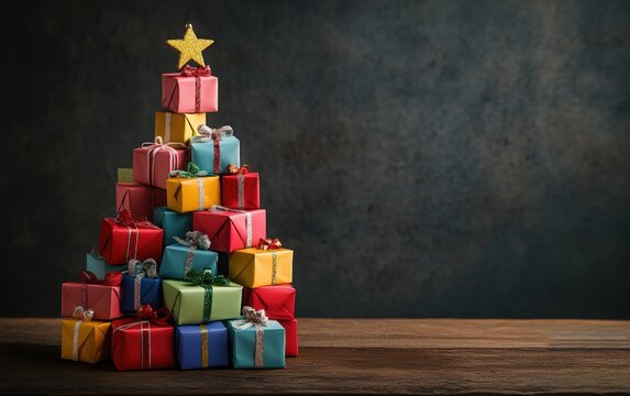 Gift Box Christmas Tree: A stylish Christmas tree formed by stacking small gift boxes of different colors, tied with ribbon. 