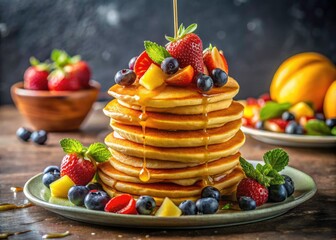Architectural Photography of a Delicious Stack of Pancakes with Tasty Toppings in a Modern Culinary Setting, Featuring Textures, Patterns, and Creative Presentation for Food Enthusiasts