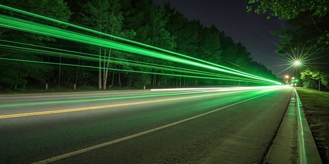 Shiny green light streaks moving horizontally across a smooth surface, creating a dynamic and energetic visual effect, shiny surface, bright colors, glowing lights, rapid movement
