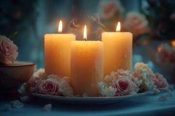 A romantic evening on Valentine's Day creates a special atmosphere of warmth and tenderness. Candles are burning on the table, the soft light of which adds coziness and charm.