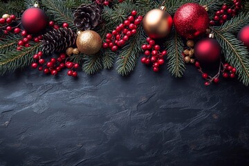 A dark background is beautifully decorated with festive New Year's decor. Bright colorful ornaments hang next to pine branches, clusters of red viburnum and bright pine cones.