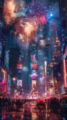 Obraz premium Colorful fireworks explode over a crowded city street at night.