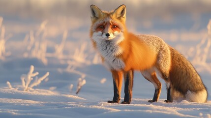 Fototapeta premium ** Majestic Red Fox Standing in Snowy Field During Golden Hour with Soft Sunlight and Frosty Background..**