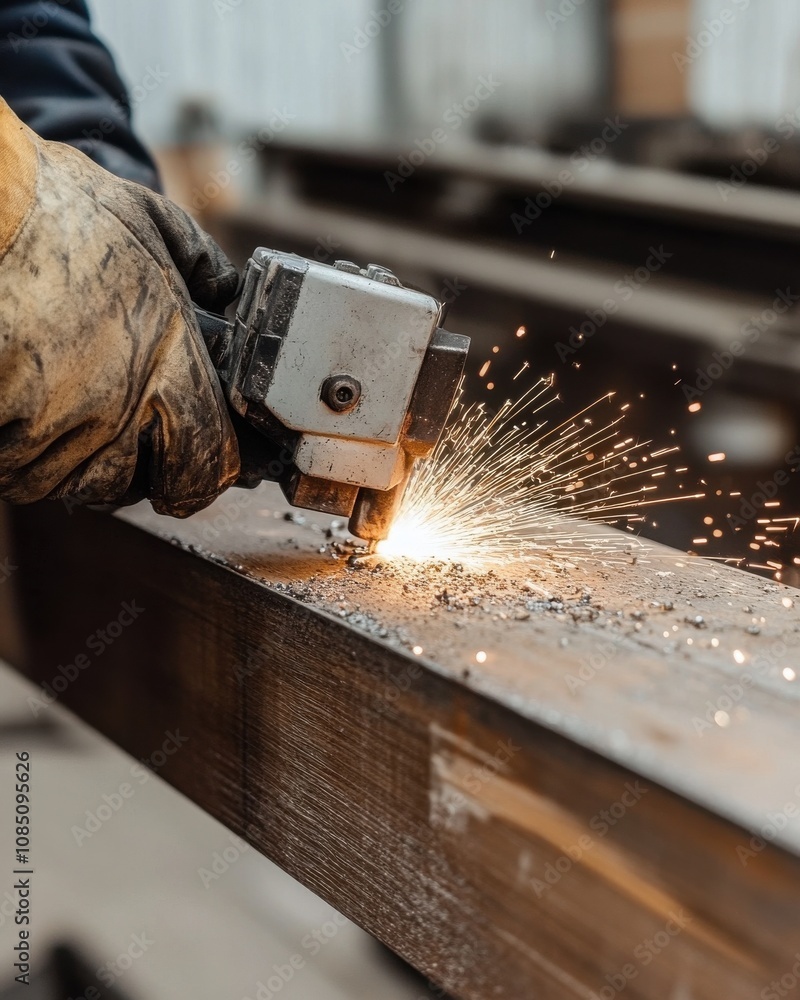 Poster a close-up of a worker using a tool to cut metal, creating sparks as they engage with a steel beam i