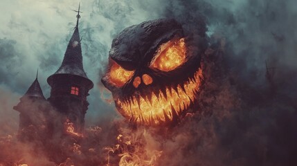 A terrifying, flaming skull looms over an eerie castle amid dark clouds at twilight, setting a haunting atmosphere perfect for Halloween