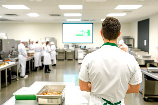 A chef supervises a bustling kitchen where culinary students are engaged in food preparation and cooking activities.