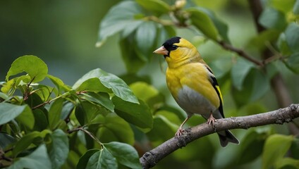 A gold finch is perched on a tree branch with lots of green leaves