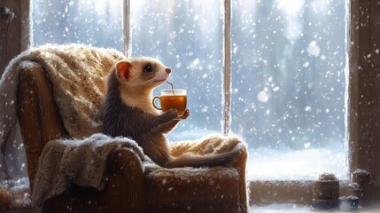 A playful ferret sitting in a cozy armchair, sipping tea from a tiny cup while watching the snow fall through a large window. 