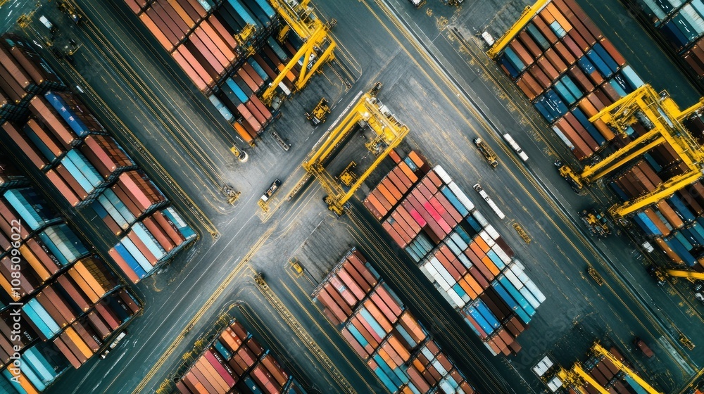 Poster aerial view of container shipping yard with cranes and trucks