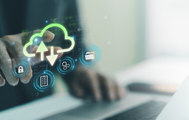 Business person migrate data and corporate information into cloud technology for data security and...