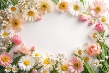 Fototapeta premium A beautiful arrangement of fresh flowers in pastel colors surrounds a blank space for your personal message or invitation