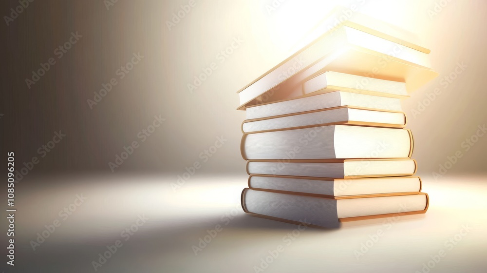 Poster stack of books illuminated by soft light.