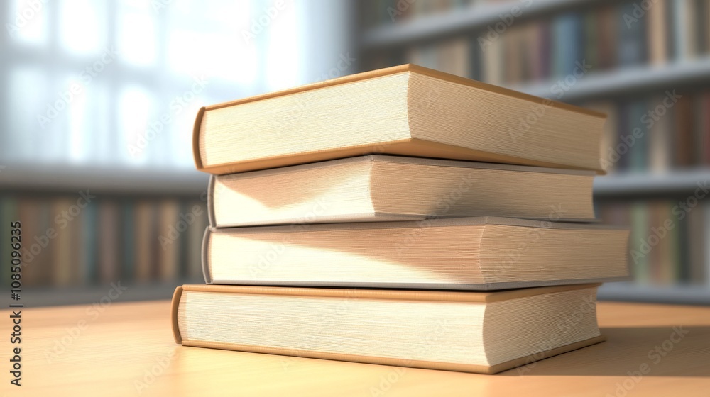 Poster stack of books on a table in a library.