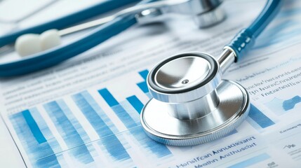 Stethoscope on medical report and charts.