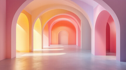 Obraz premium Neon tunnel with multicolored lights creating a futuristic and psychedelic atmosphere.Abstract pastel background in 80s nostalgia style