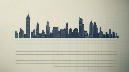 Naklejka premium A ruled paper background in light grey, featuring minimalist city skyline silhouettes at the top, suitable for urban planning or architecture notes