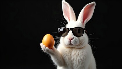 Charming white rabbit wearing sunglasses holding an orange Easter egg against a black background