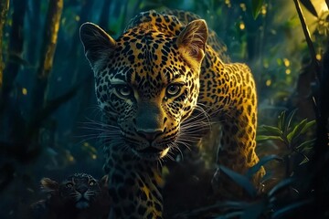 Majestic Jaguar Stalking Through Lush Jungle Underneath a Green Canopy