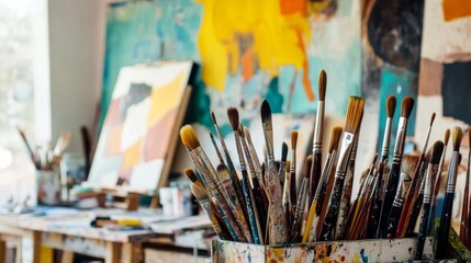 Fototapeta premium A vibrant painting workshop in an urban art studio, Paintbrushes and canvases arranged creatively, Artistic creation style