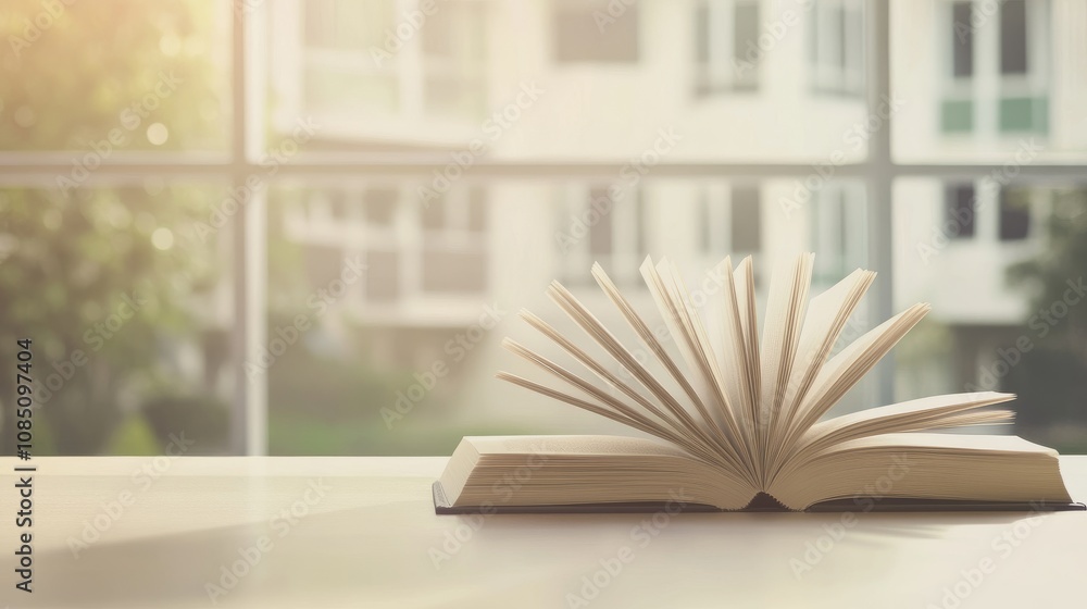 Poster sunlit open book on a table near a window