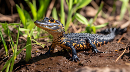 Fototapeta premium A baby crocodile sunbathing near a riverbank, developing strength and awareness of its surroundings.
