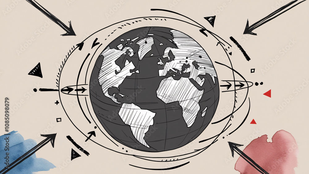 Poster globalization and global networking concept with hand-drawn arrows representing travel, symbolizing 