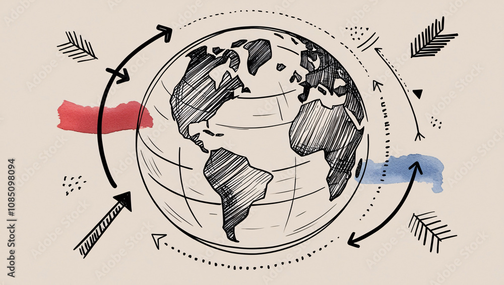Poster globalization and global networking concept with hand-drawn arrows representing travel, symbolizing 