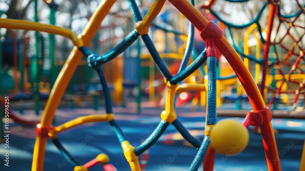 Poster a vibrant playground filled with playful climbing structures, children's toys scattered amidst color