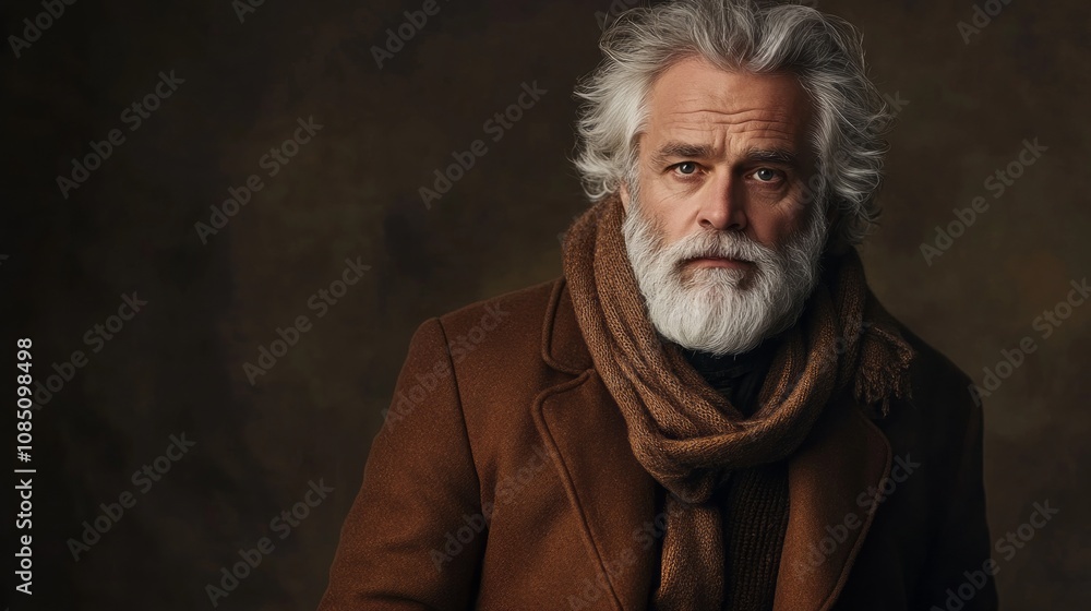 Poster a man with a beard and a scarf is standing in front of a wall