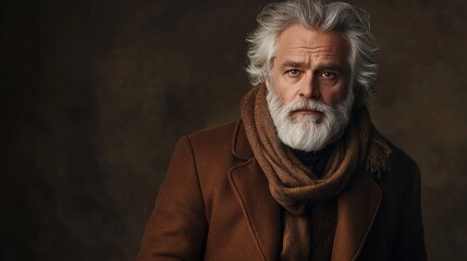 Obraz premium A man with a beard and a scarf is standing in front of a wall