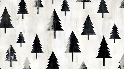 Obraz premium Seamless Pattern of Black Pine Trees on a Distressed White Background, Perfect for Seasonal Designs, Wallpapers, and Textiles in Rustic Styles