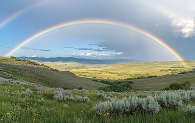 Fototapeta premium Rainbow After Rain: A vivid double rainbow arching across a clear sky after a rainstorm, stretching over a lush green valley with scattered wildflowers 