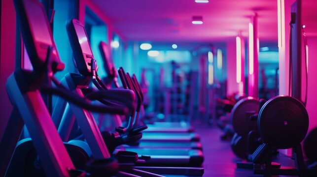 An avant-garde fitness studio showcasing exercise equipment in vibrant neon lights. The atmosphere is energized and inviting. Join the movement towards wellness. Generative AI